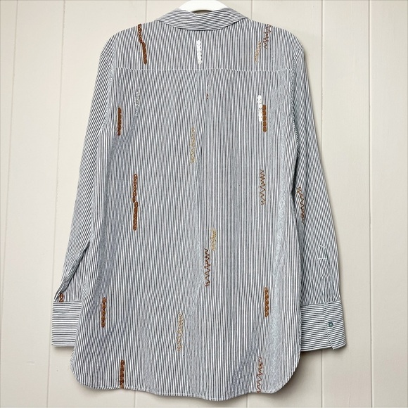 Zara Woman button front shirt blouse top striped boho embroidered beaded neutral - Picture 4 of 12